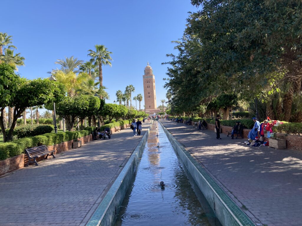 A view of the Koutoubia Mosque as viewed from the park, “Parc Lalla Hasna”