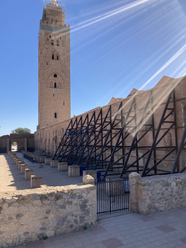 A view of the Koutoubia Mosque under restoration from the September 2023 Earthquake.