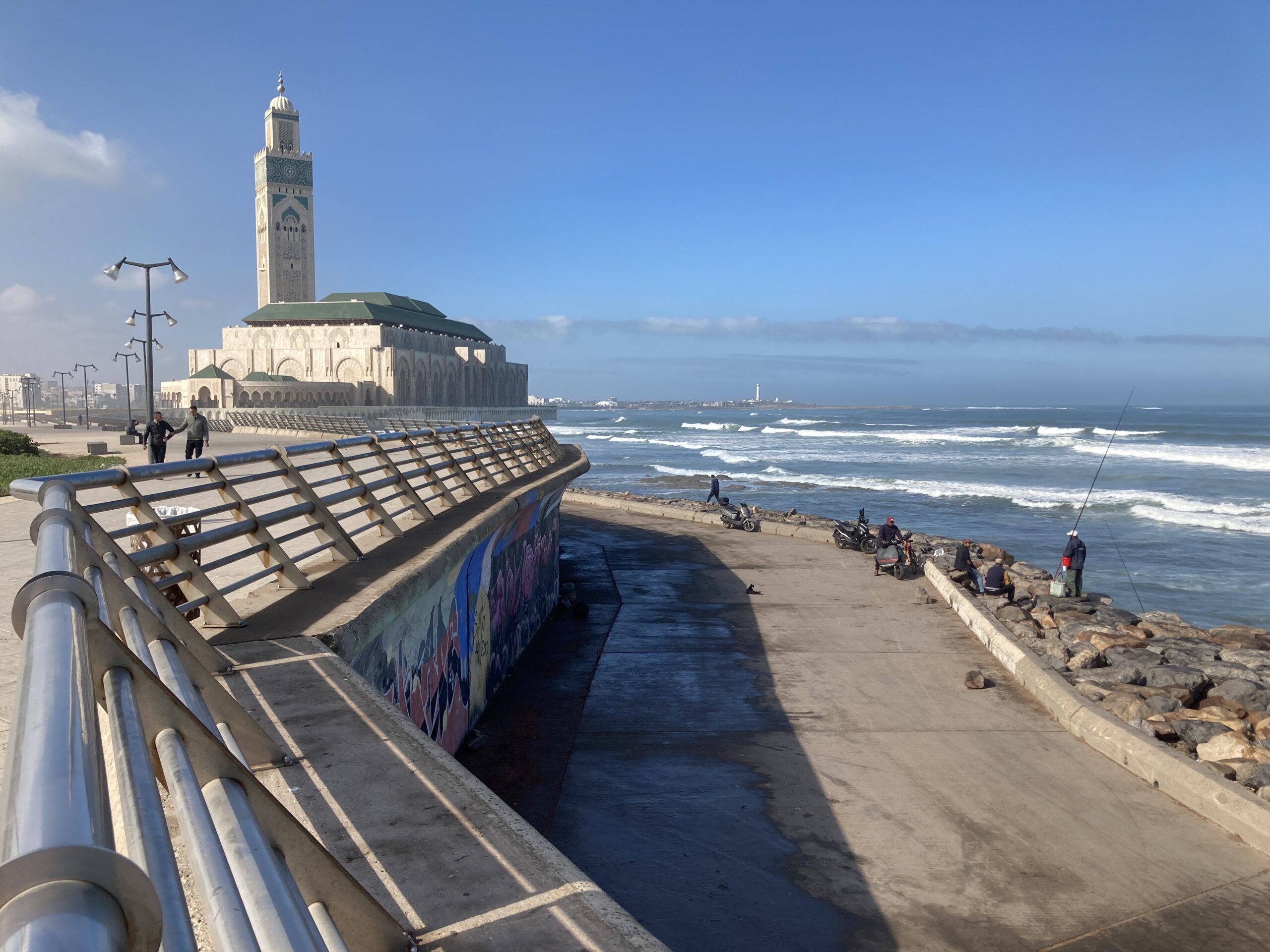 A view along the beach at Marina Park near the Hassan II Mosque