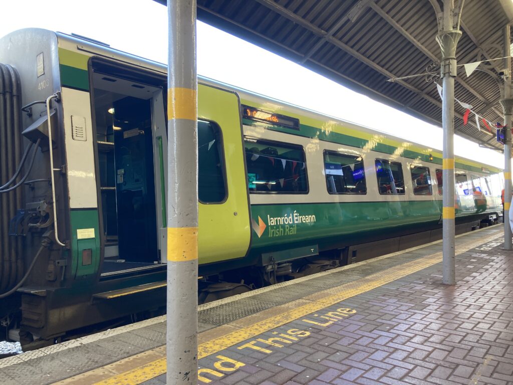 A scene at Mallow (Mala) Station in County Cork, Ireland of an Irish Rail (Iarnród Éireann) train