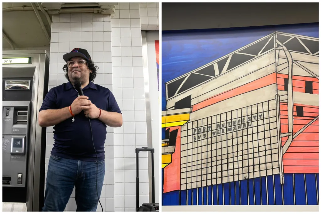 Christopher Chronopoulos in front of his drawing of the Port Authority Bus Terminal. Credit: Ben Fractenberg/THE CITY, Jose Martinez/THE CITY