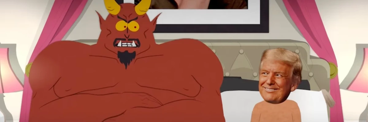"Trump in bed with his better half Satan", Screenshot from South Park. Via Common Dreams website