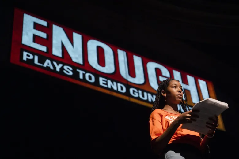 Participants in the show #Enough participate in a march downtown and perform at the South Bend Civic Theatre on Monday, Nov. 6, 2023. Credit: Evan Cobb/ENOUGH! Plays to End Gun Violence