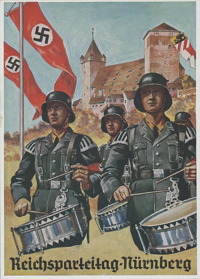 "Nuremberg Rally" (Reichsparteitag-Nürnberg). Postcard showing a painting of uniformed SS musicians (marching drummers) parading with helmets and snare drums, Swastika flags, coat of arms of Nuremberg, Nuremberg Castle, etc.; no signature (uncredited artist); published by Verlag Photo-Hoffmann, Munich, Nazi Germany, card no. 36/6; Nazi Party (NSDAP) propaganda