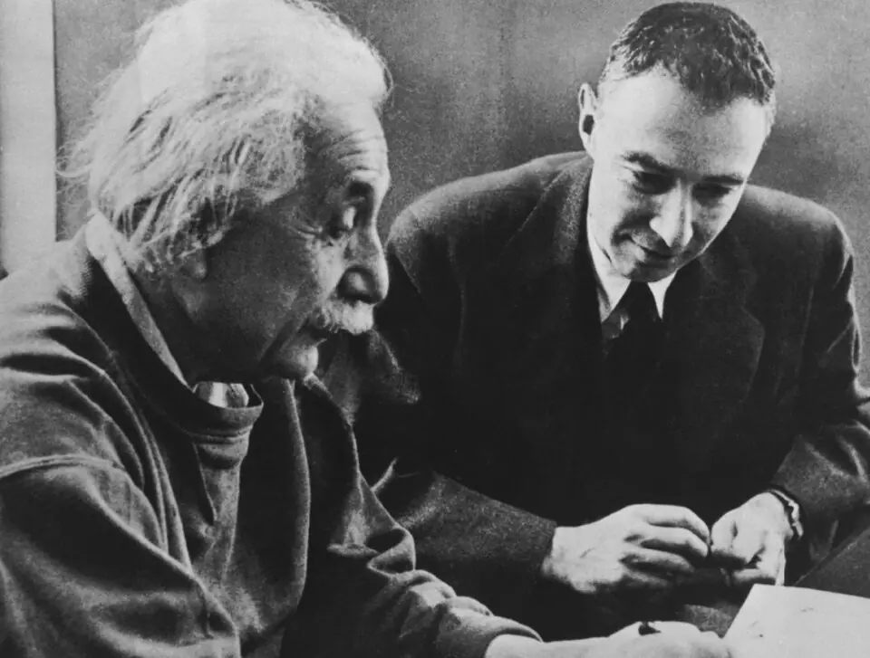 Albert Einstein and Robert Oppenheimer. Institute for Advanced Study, 1950s