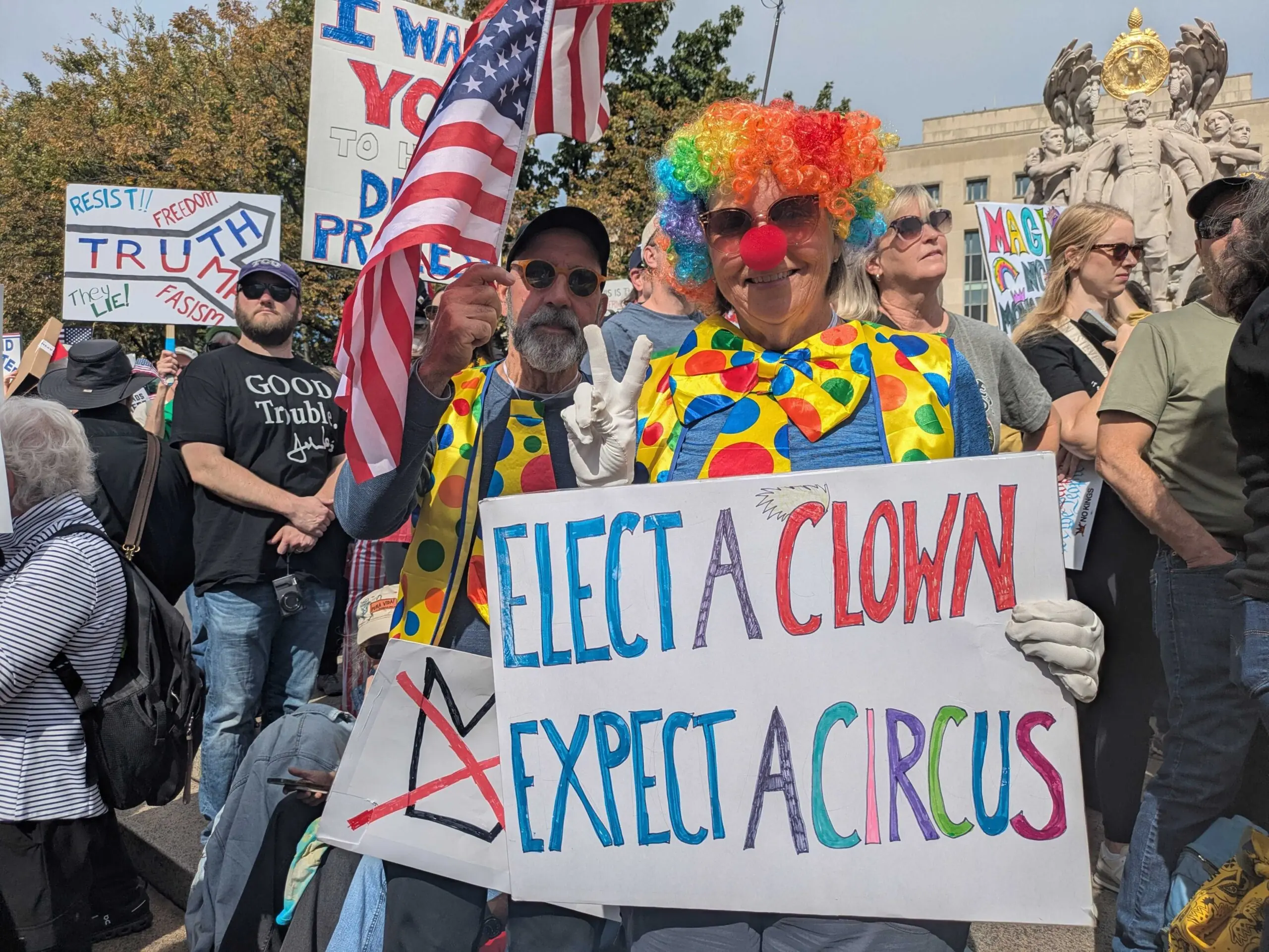 Ken and Peggy Greco, ages 72 and 69, traveled from Augusta, Georgia to attend the No Kings day event in Washington, D.C., on Saturday, Oct. 18, 2025. (Photo by Ashley Murray/States Newsroom)