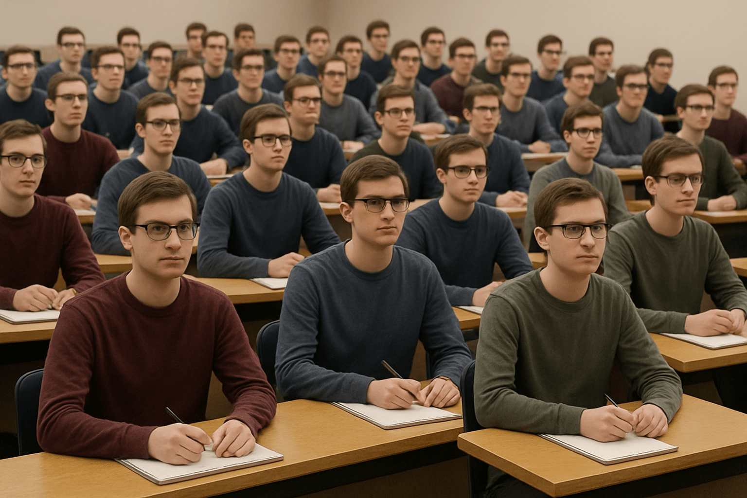 Image of college lecture hall filled with identical students. Created by ChatGPT AI on November 3, 2025