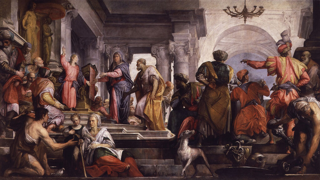 Ritrovamento di Gesù al Tempio. Jesus as a 12 year old boy at the Temple discussing theology with the elders.