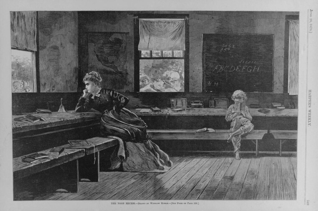 Winslow Homer (American, 1836–1910). The Noon Recess, 1873. Wood engraving, Image: 9 1/8 x 13 5/8 in. (23.2 x 34.6 cm) Sheet: 11 1/8 x 15 3/4 in. (28.3 x 40 cm) Frame: 16 3/4 x 22 3/4 x 1 1/2 in. (42.5 x 57.8 x 3.8 cm). Brooklyn Museum, Gift of Harvey Isbitts, 1998.105.174. (Photo: Brooklyn Museum)