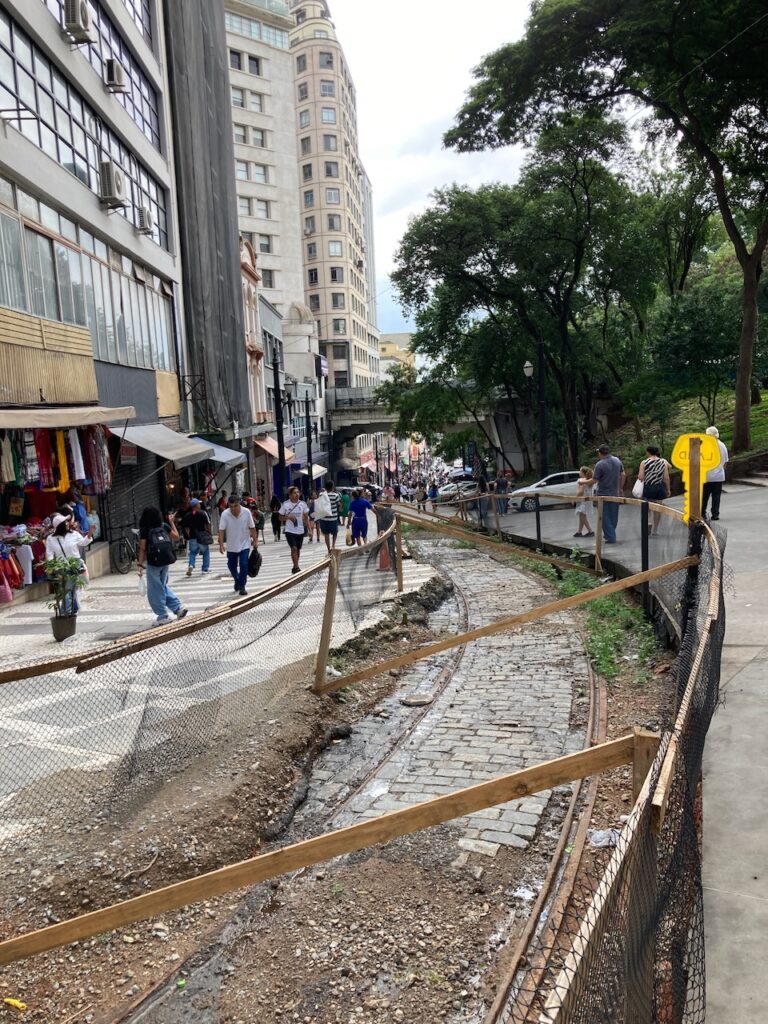 A view of some old trolley tracks that are being excavated as an archaeological site in the Centro neighborhood in São Paulo