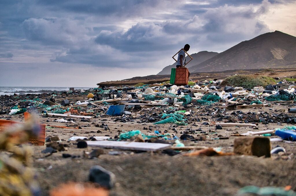View of a beach covered by plastic garbage on the island of Santa Luzia, Cape Verde. Most of the garbage comes from fishing activities: nets, buoys, plastic bottles... The winds and the currents from the Atlantic gather garbage on the northern part of the island. 9 November 2021.