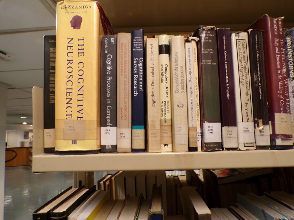 A view of a bookshelf in the library at Pontifical Catholic University of São Paulo, Brazil