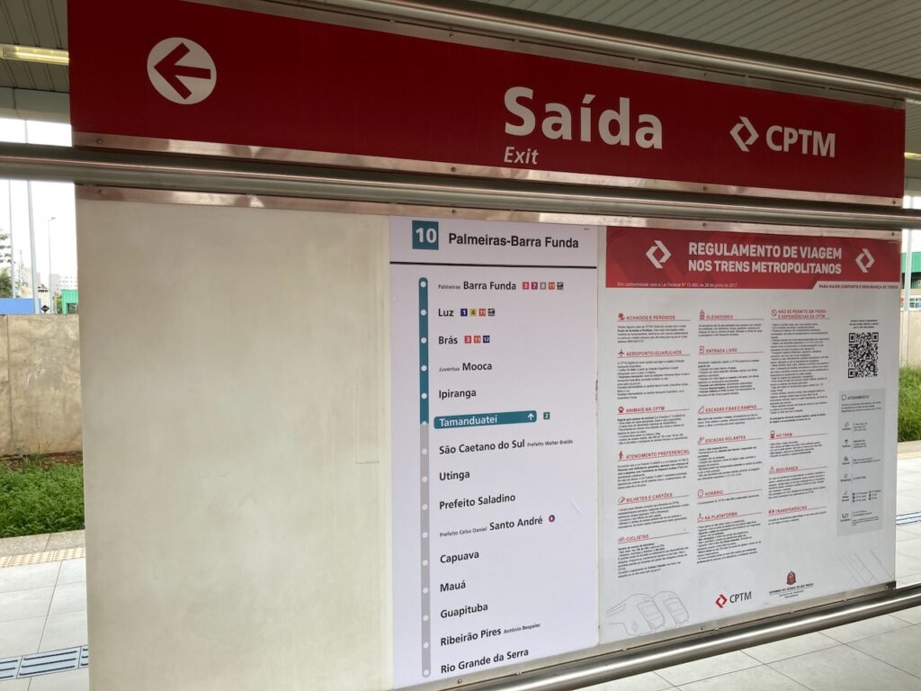 A view of a sign in ‎⁨Palmeiras-Barra Funda station in ⁨São Paulo⁩, ⁨⁨Brazil⁩