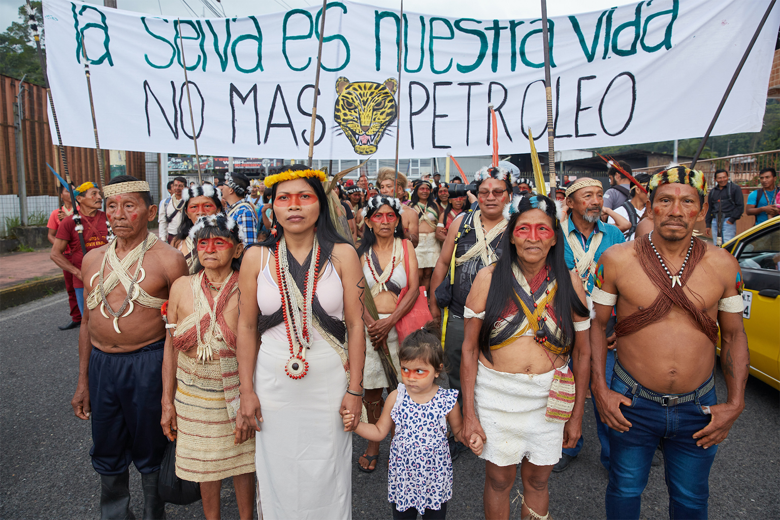 Waorani leader Nenquimo with the Pekinani Waorani leader Nenquimo with the Pekinani, traditional leaders and warriors. In February 2019, they jointly mobilized after filing a lawsuit against the Ecuadorian government to protect their territory from oil drilling in Puyo, Pastaza and the Ecuadorian Amazon. Image by Mitch Anderson (Amazon Frontlines)