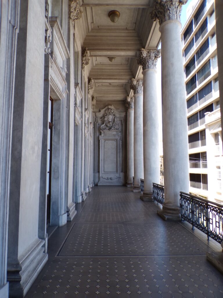 A view of an outdoor balcony inside Museu do Café (Coffee Museum) Santos, São Paulo, Brasil