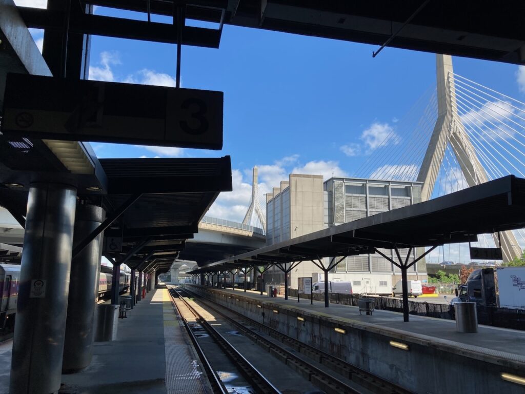 A view of the Zakim Bridge in Boston at the North Station MBTA Commuter Rail Station