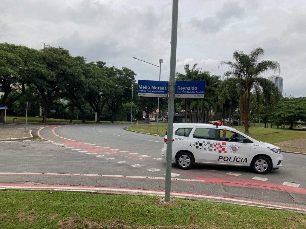 A view of a police car patrolling at the Cidade Universitária Armando Salles de Oliveira⁩ campus of Universidade de São Paulo, ⁨São Paulo⁩, Brazil