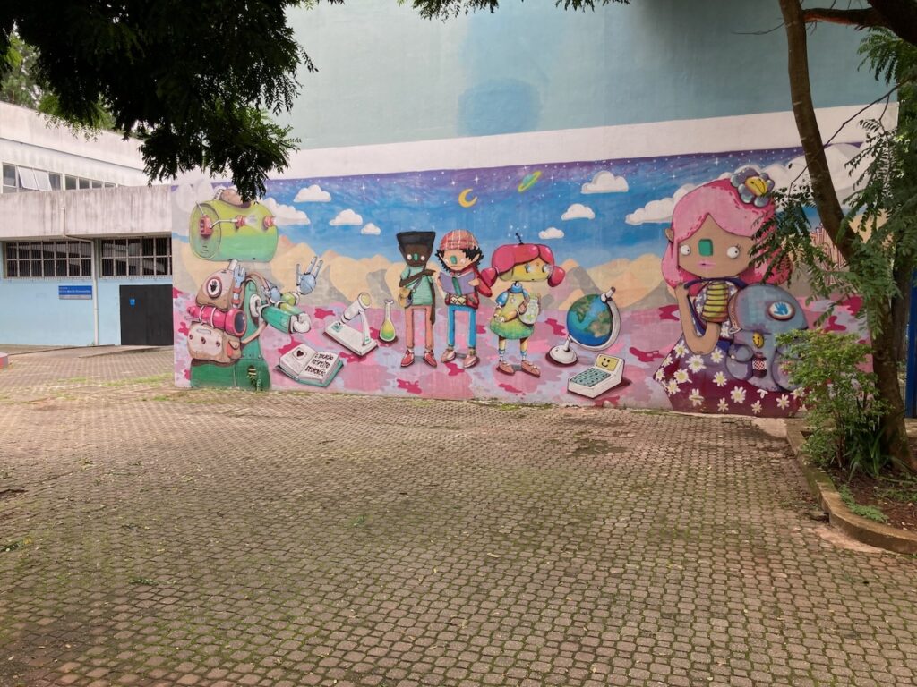 A view of a mural on an academic building at the Cidade Universitária Armando Salles de Oliveira⁩ campus of Universidade de São Paulo, ⁨São Paulo⁩, Brazil