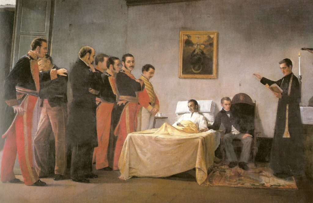La muerte del Libertador (The death of Simón Bolívar). By Antonio Herrera Toro. Painted 1883. Bolivar died December 17, 1830. Colección del Museo Bolivariano, Caracas - Venezuela via Wikimedia Commons.