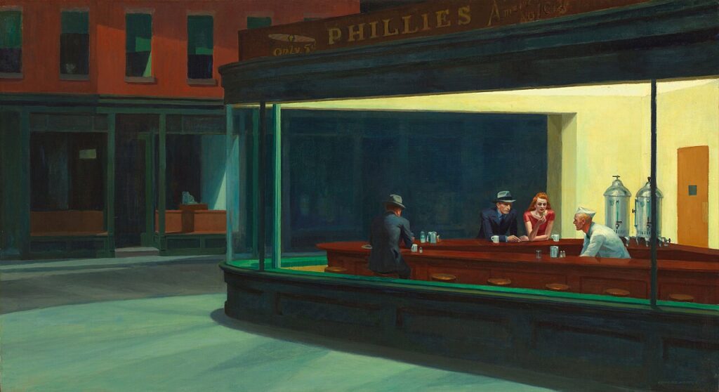 Nighthawks by Edward Hopper, 1942. Art Institute of Chicago via Wikimedia Commons.