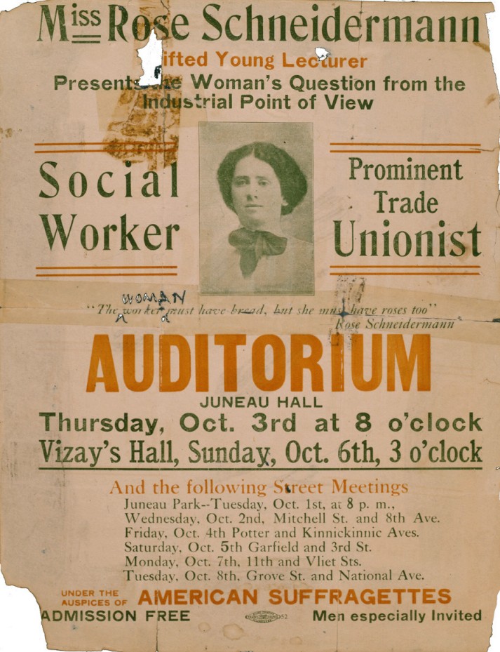 1912 poster featuring American social activist Rose Schneidermann. Via Wikimedia Commons.