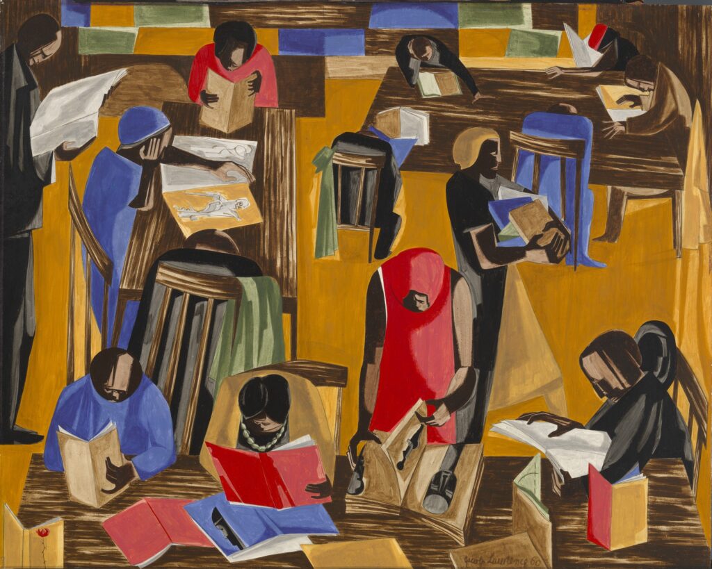 Jacob Lawrence, The Library, 1960, tempera on fiberboard, 24 x 29 7/8 in. (60.9 x 75.8 cm.), Smithsonian American Art Museum, Gift of S.C. Johnson & Son, Inc., 1969.47.24