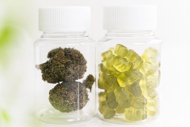 A clear jar of dried marijuana next to a clear jar of cannabis gummies