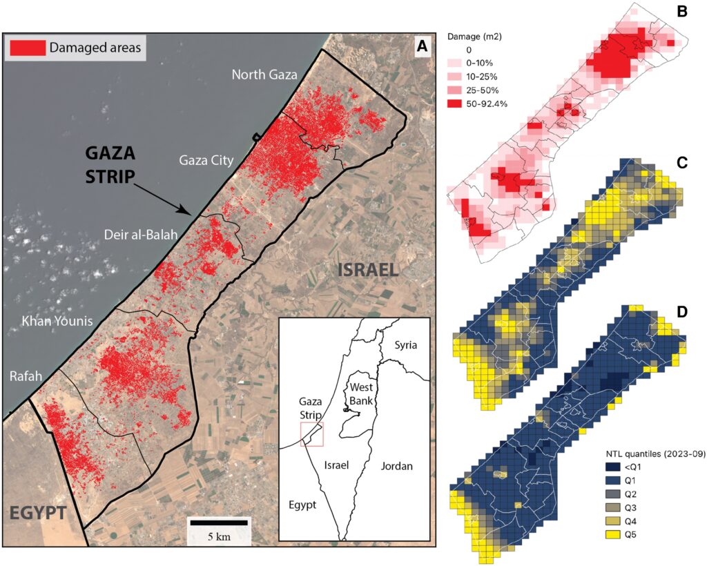 A) Map of cumulative likely damage through 2024 October 31 based on analysis of Sentinel-1 radar data (11), B) aggregated to a 1 km2 resolution with area of likely damage as a proportion of total grid cell area. C) Average NTL satellite measurements for September 2023 with color intensity per quintile, and for October 2024 (D), using the same prewar quintiles for reference.