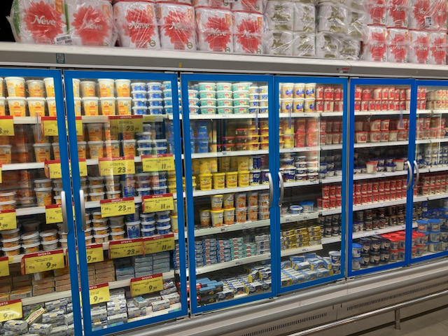 A view of a dairy aisle inside the Carrefour supermarket on Rua Pamplona in São Paulo, Brasil