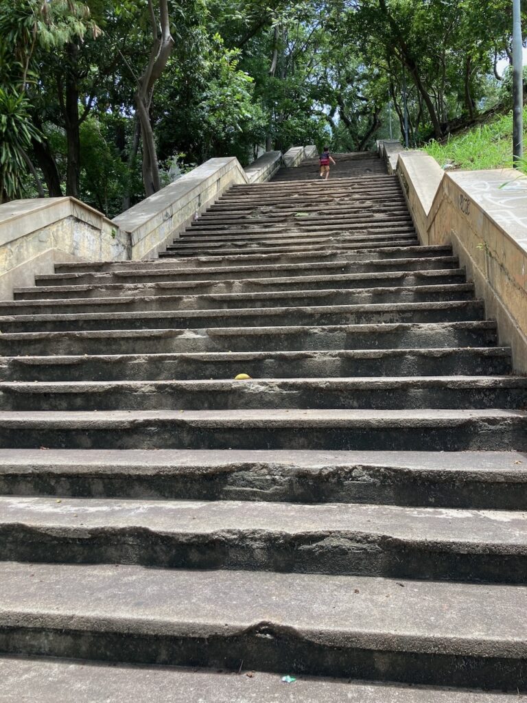 A view of a set of rather challenging stairs on the grounds of the Museu do Futebol (Soccer Museum) in São Paulo, Brasil. It is just one of several entrances and exits from the soccer stadium and museum.