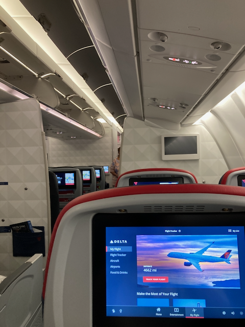 A view inside the aircraft for the Delta flight to Atlanta, Georgia from São Paulo International Airport (GRU)