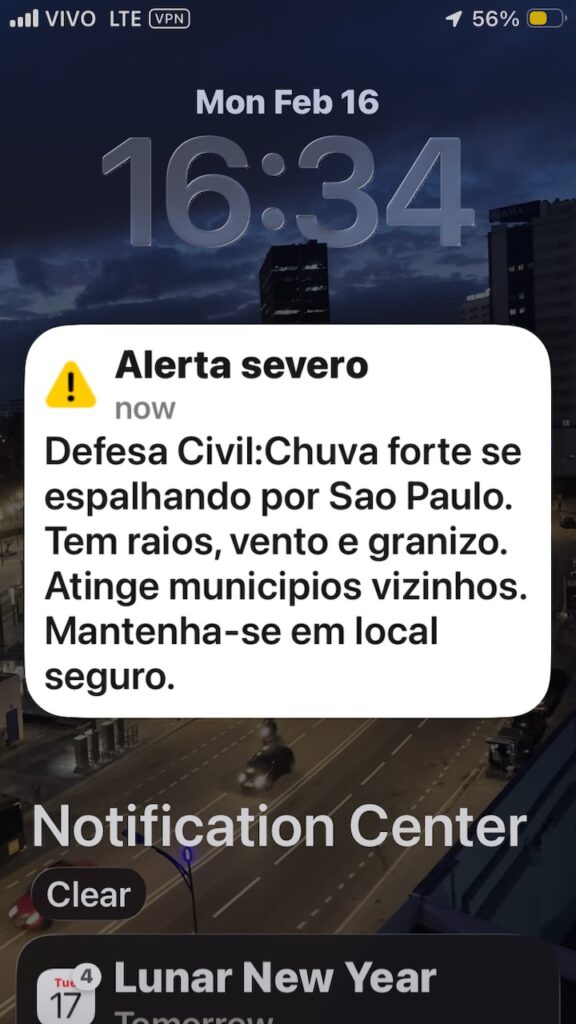 A screenshot of an emergency alert sent on February 16, 2026 to phones from Instituto Nacional de Meteorologia warning about a severe storm in São Paulo, Brasil.