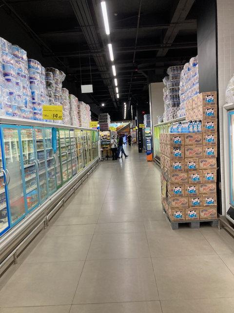 A view of an aisle inside the Carrefour supermarket on Rua Pamplona in São Paulo, Brasil