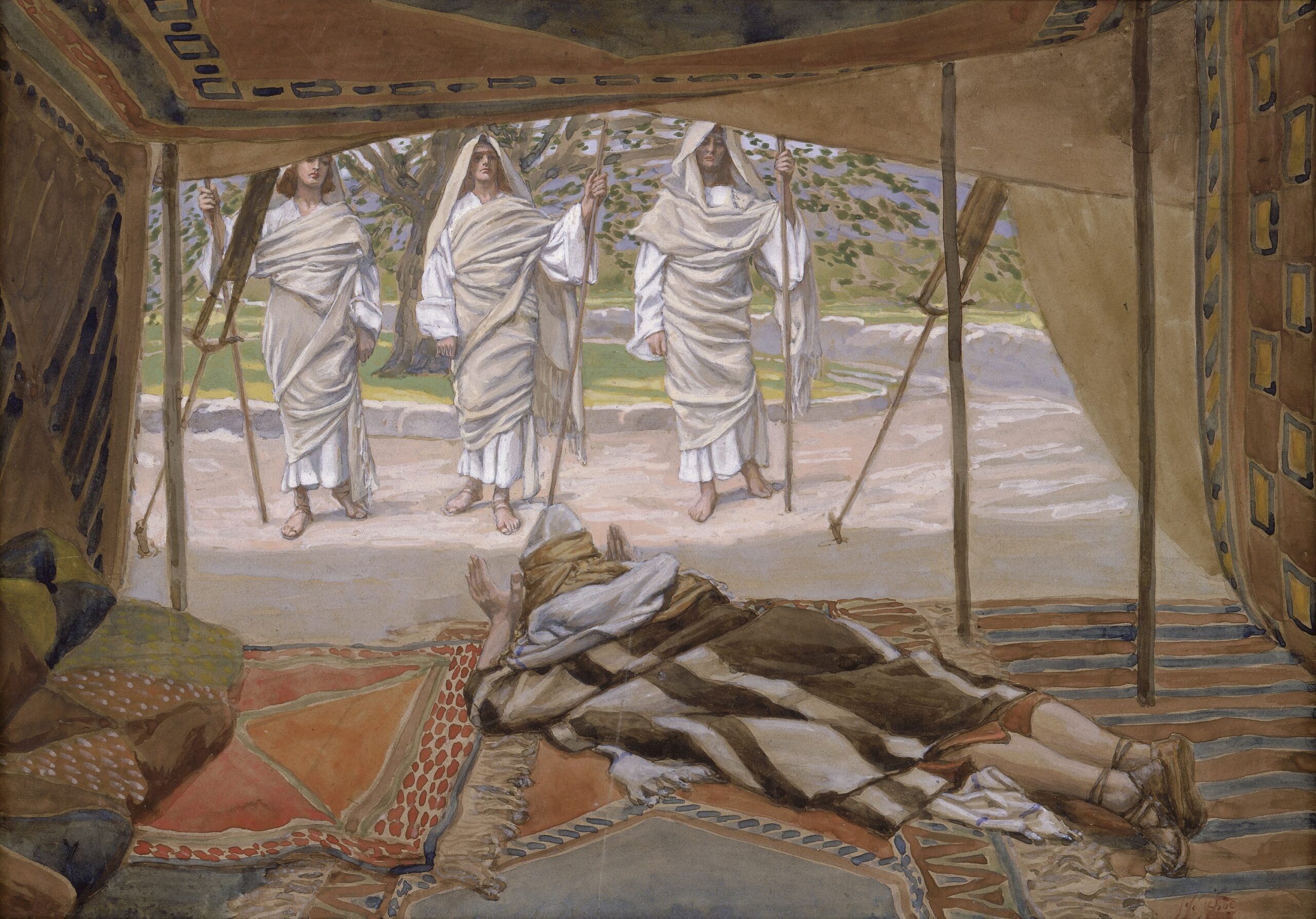 26696-abraham-and-the-three-angels-abraham-et-les-trois-anges Abraham and the Three Angels (אברהם ושלושת המלאכים, Abraham et les trois Anges, إبراهيم والملائكة الثلاثة). By: James Jacques Joseph Tissot. circa 1896-1902. Gift of the heirs of Jacob Schiff. Via The Jewish Museum, NYC. The painting is inspired by the "Hospitality of Abraham", based on the biblical account in Genesis 18 (Quran 11).