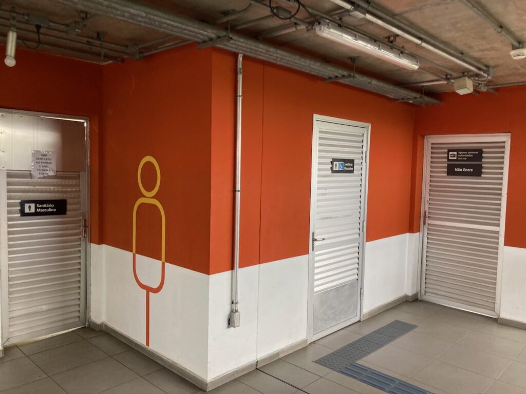 A view of free, public restrooms inside the Cidade Universitária metro station in the Alto de Pinheiros area of São Paulo, Brasil