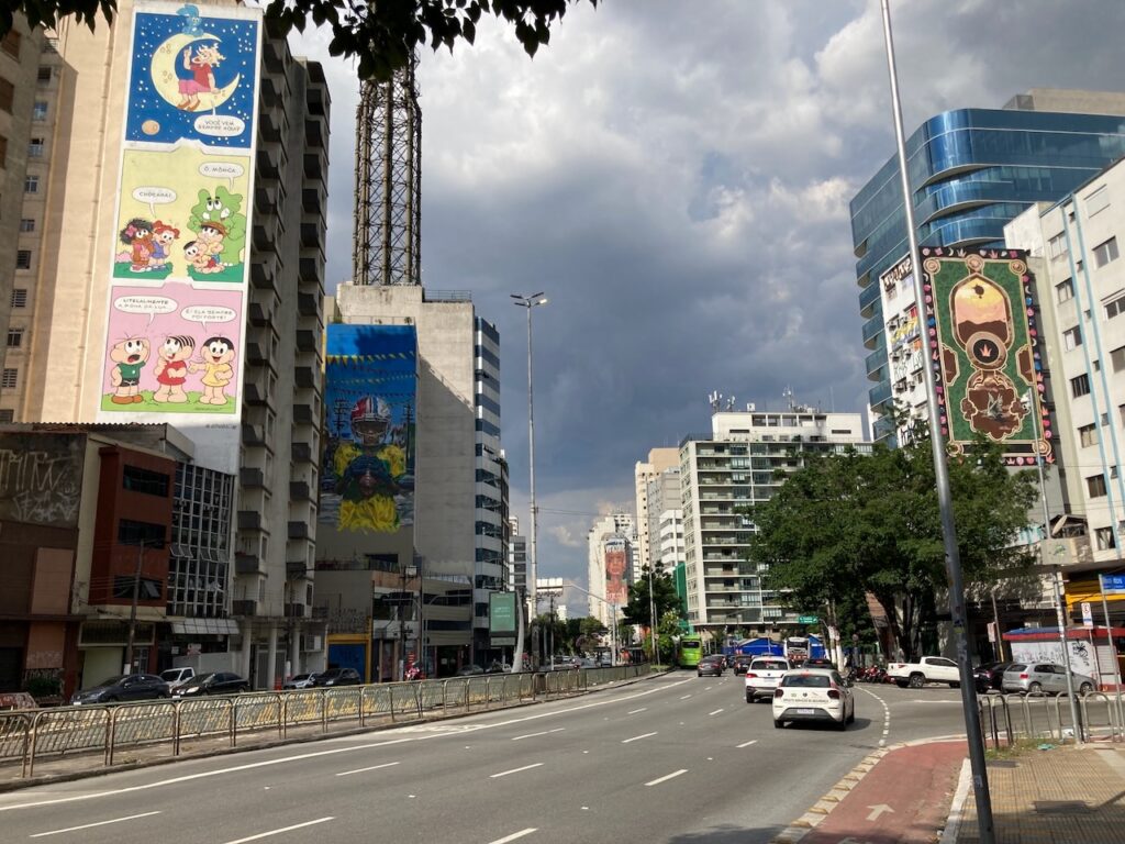 A view of some of the many murals that appear throughout the city on Rua da Consolação in São Paulo, Brasil