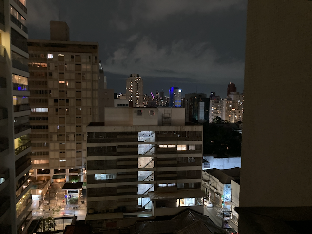 A view of the nighttime skyline from an apartment at the Mercure São Paulo Pamplona Hotel on Rua Pamplona in São Paulo, Brasil