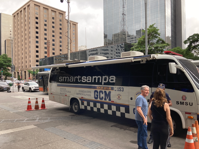 A view of a mobile police command center on Avenida Paulista in São Paulo, Brasil