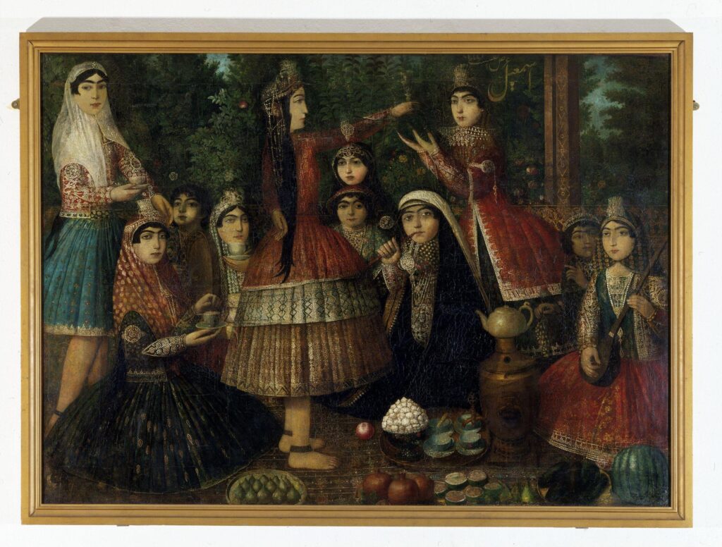 Women Around a Samovar. 1860-75. By: Isma’il Jalayir. Iran, probably Tehran. Artwork during the Qajar Era (1789–1925) was characterized by concepts of beauty that were largely gender-fluid and did not conform to modern Western binaries. Educational use only. Via © Victoria and Albert Museum, London, 2026.