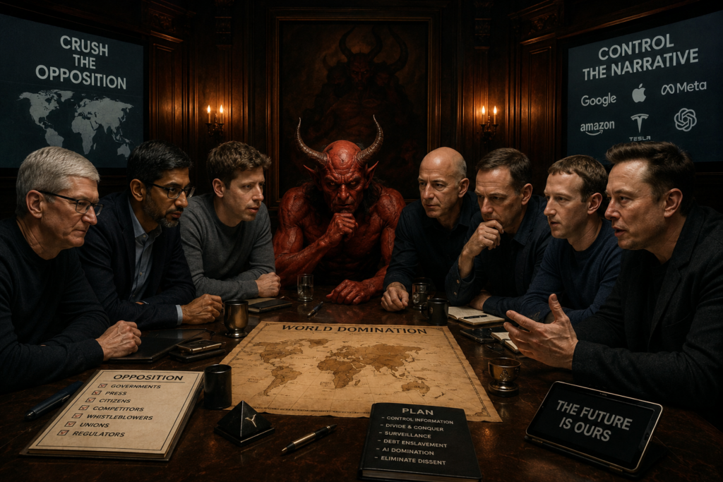Modern robber barons discuss world domination with the devil. Via ChatGPT on August 26, 2026