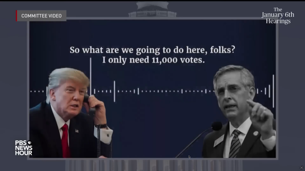 Screenshot of video of "How Georgia officials defended the election from Trump pressure | Jan. 6 hearing" on PBS NewsHour. June 21, 2022