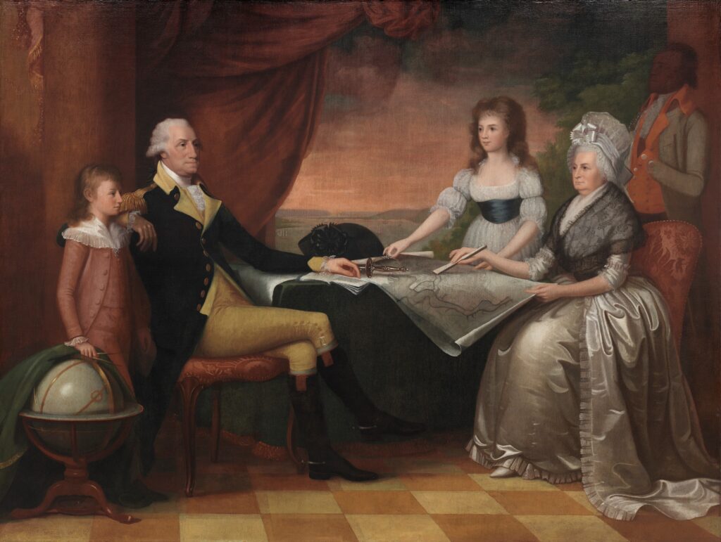 The Washington Family. 1789-1796. By Edward Savage. George Washington’s military, political, and family lives merge in this group portrait. Dressed in a Revolutionary War uniform, the president rests his hand on a plan for Washington, DC, the site of the new US capital. His wife, Martha Washington, and two of her grandchildren join him at their Virginia plantation estate, Mount Vernon. Via National Gallery of Art of the United States of America