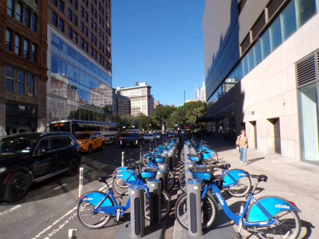 A view of a citibike dock at Broadway and East 14th Street in Manhattan, NYC