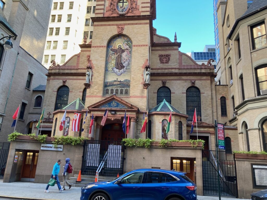 A view of the Church of Saint Francis of Assisi in Midtown Manhattan, NYC. This parish is well known for its efforts with the Saint Francis Breadline and other outreach for the poor, the sick, and the unhoused.