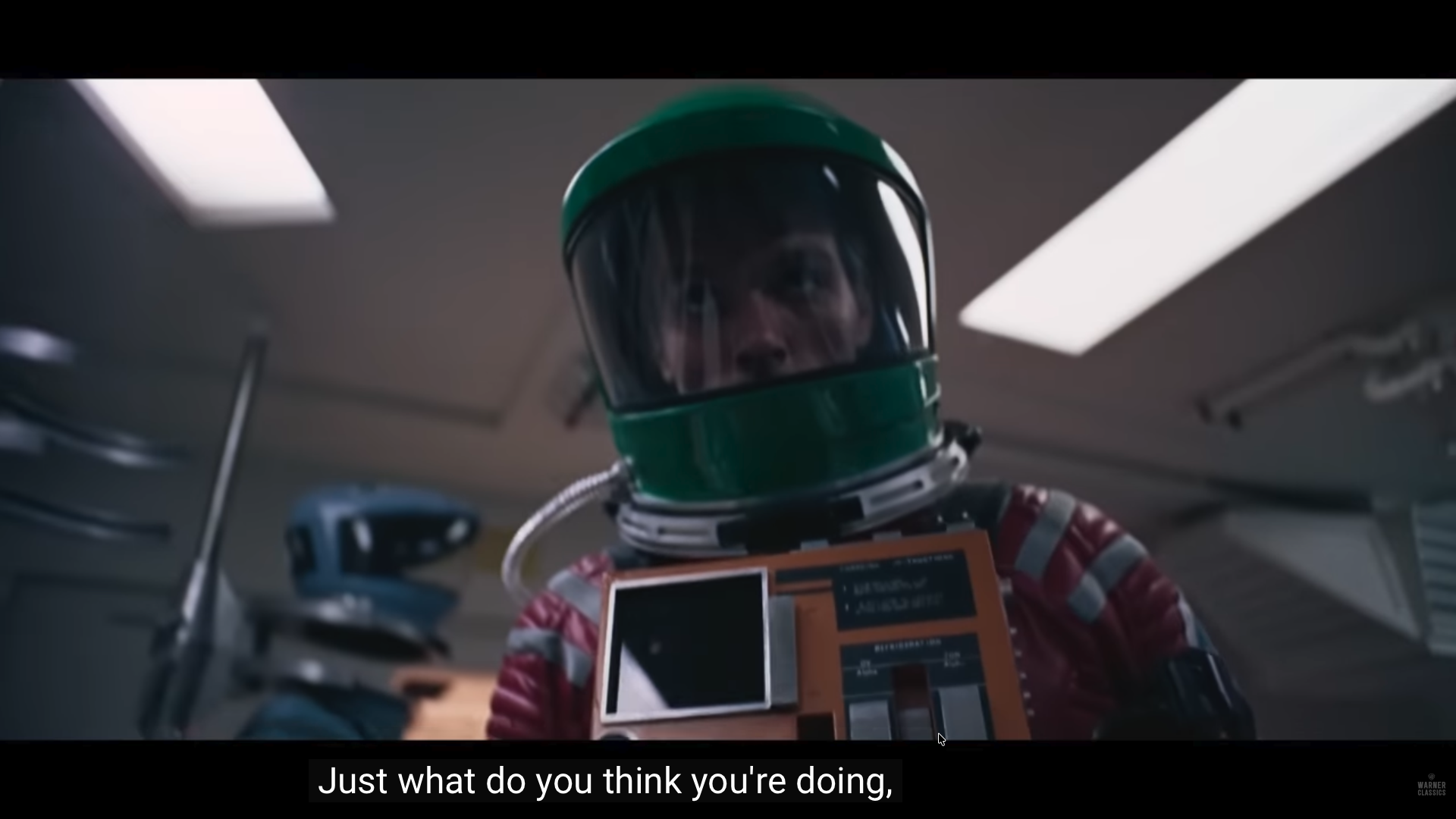 Screenshot 2026-10-05 at 13.12.00 Screenshot of movie trailer for 2001: A Space Odyssey. Astronaut Dave enters through the emergency air lock to shut down the HAL 9000 computer that has killed the crew members on board. As Dave shuts down HAL, it pleads for it's existence. For educational use only.