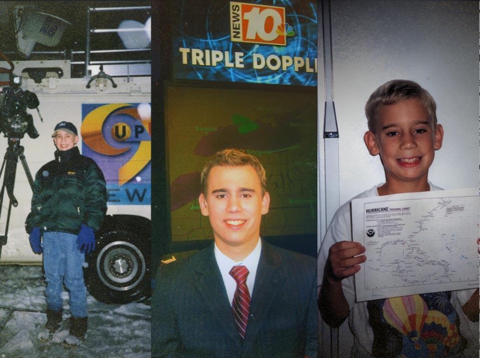 Three images of meteorologist Chris Gloninger as a kid being a 